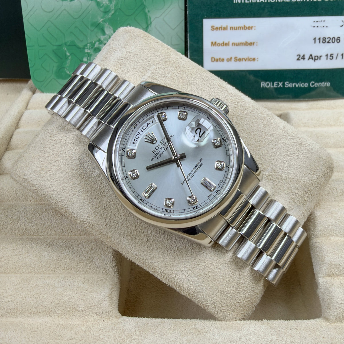 Rolex Day-Date Platinum Diamond - Box and Service Papers
