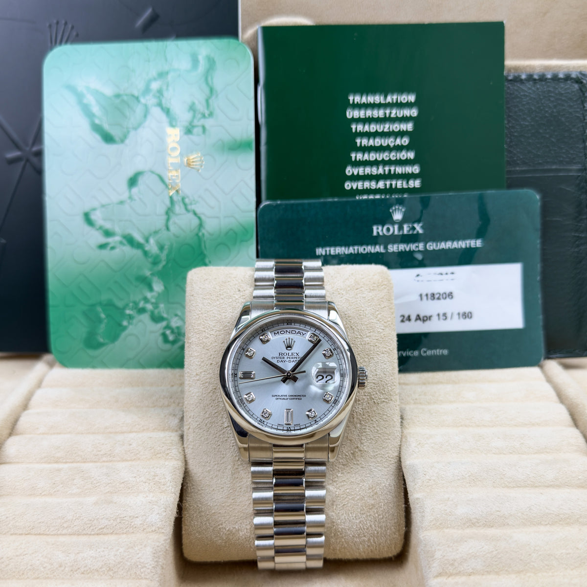 Rolex Day-Date Platinum Diamond - Box and Service Papers